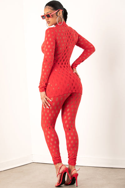 Hollow Out Fishnet Set -Red