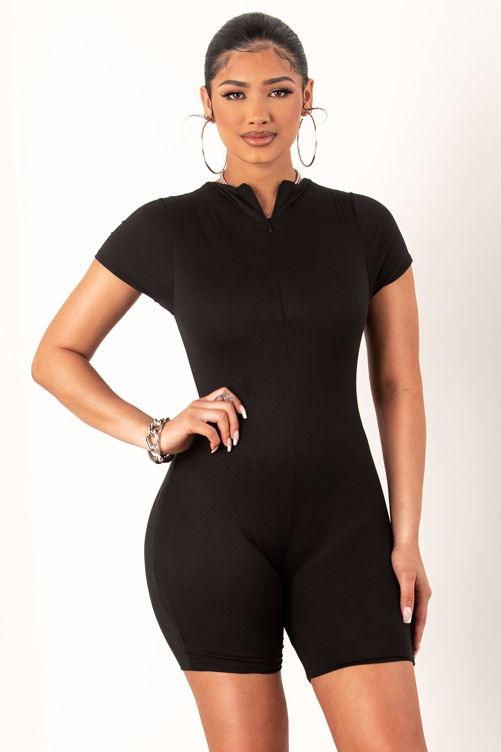 2020 Women Short Sleeve Zipper Front Solid Color Bodycon Rompers Reversible Tight  Jumpsuit