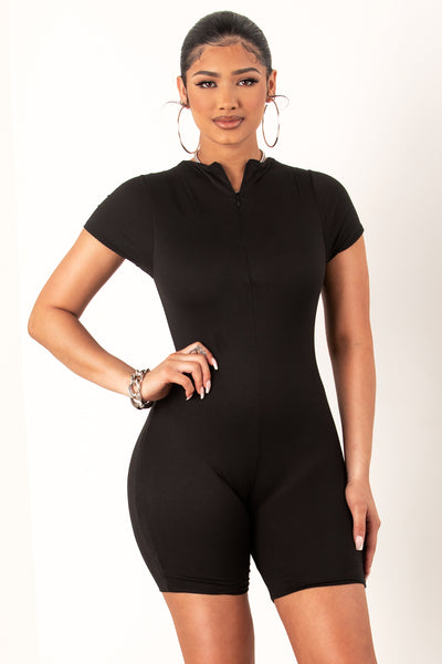 Black Short Sleeve Zip Up Romper