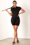 Black Short Sleeve Zip Up Romper