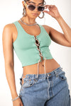 Sage Rhinestone Lace Up Crop Top