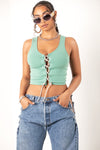 Sage Rhinestone Lace Up Crop Top