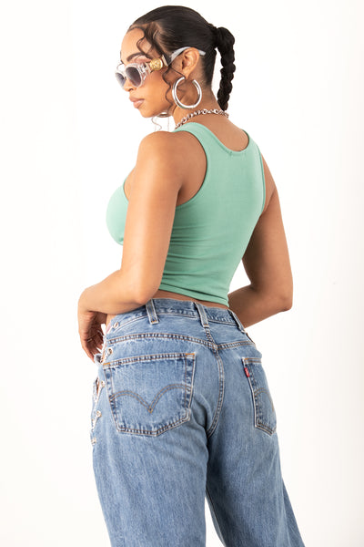 Sage Rhinestone Lace Up Crop Top