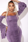 Purple Off Shoulder Ruched Mini Dress