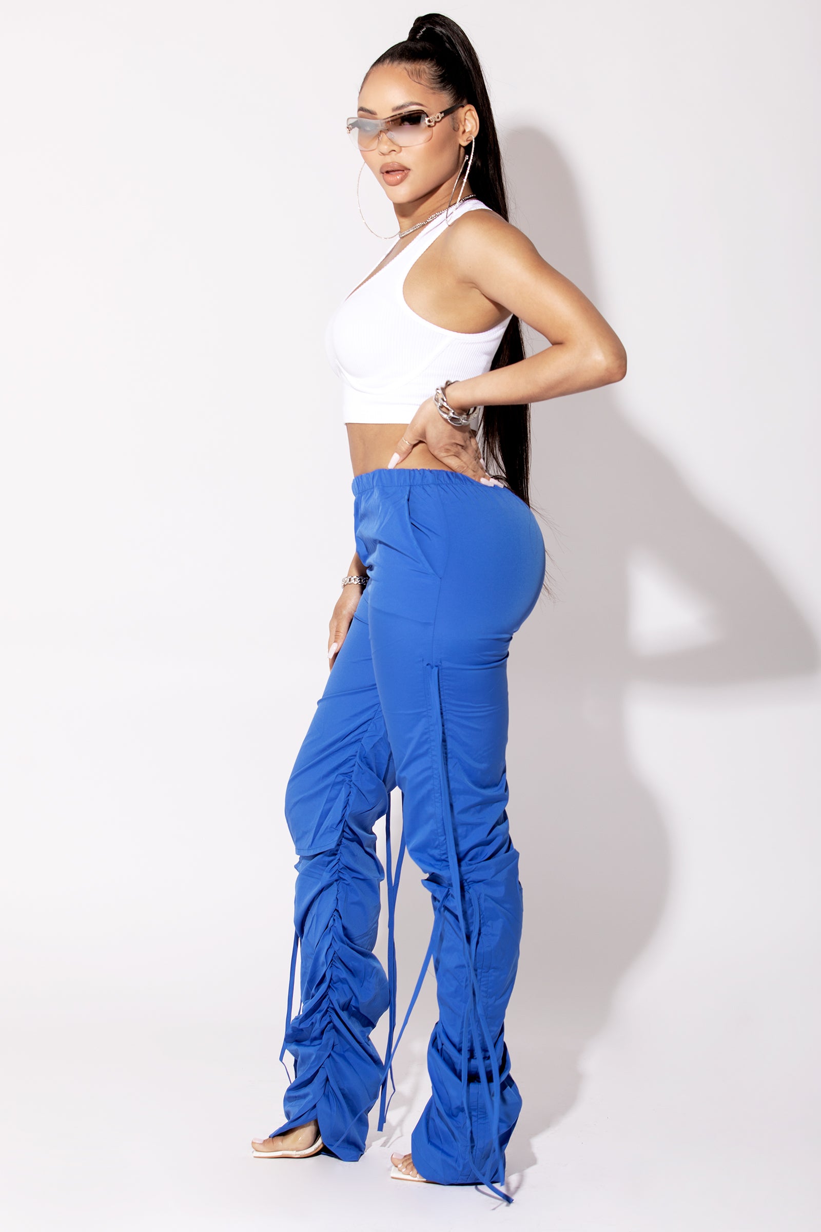 Dusty Blue Cutout Drawstring Cargo Pants