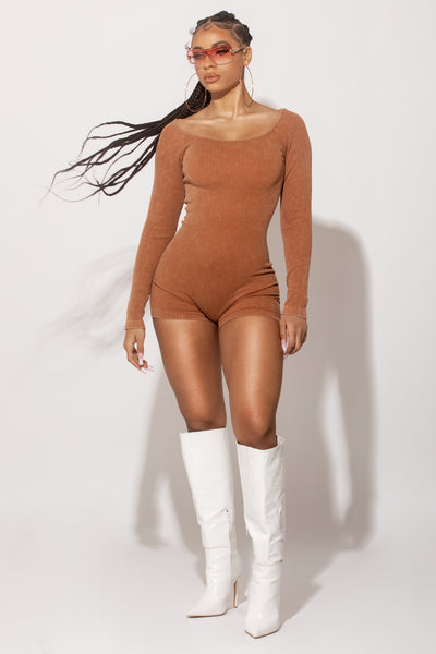 Tan Vintage wash Ribbed long sleeve romper