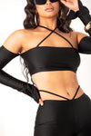 Black Spandex Bardot Tie Halter neck Crop Top