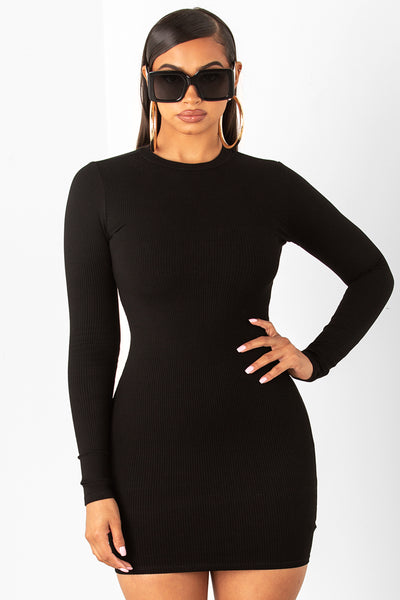 Black Ribbed Long Sleeve Dress