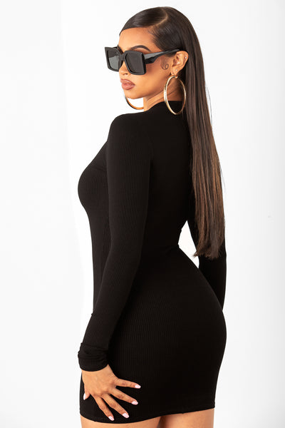 Black Ribbed Long Sleeve Dress