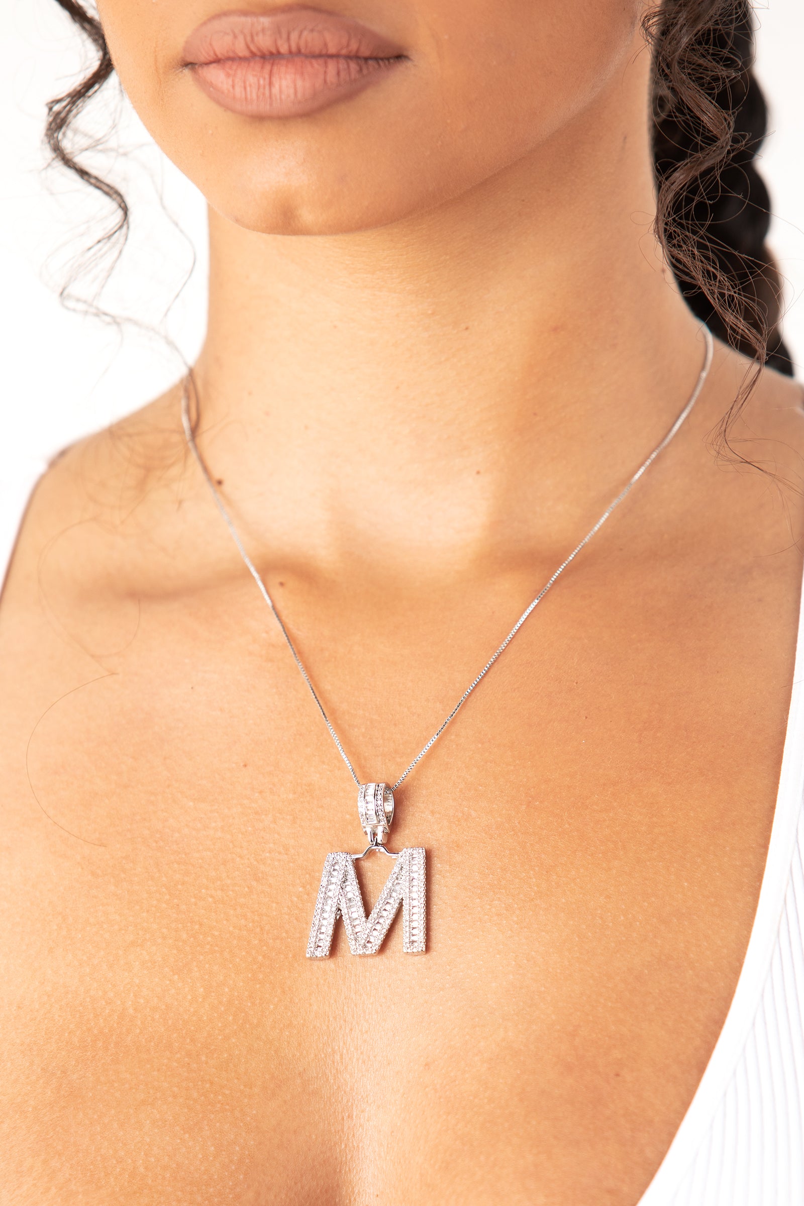 Silver Mini M Diamond Baguette Necklace