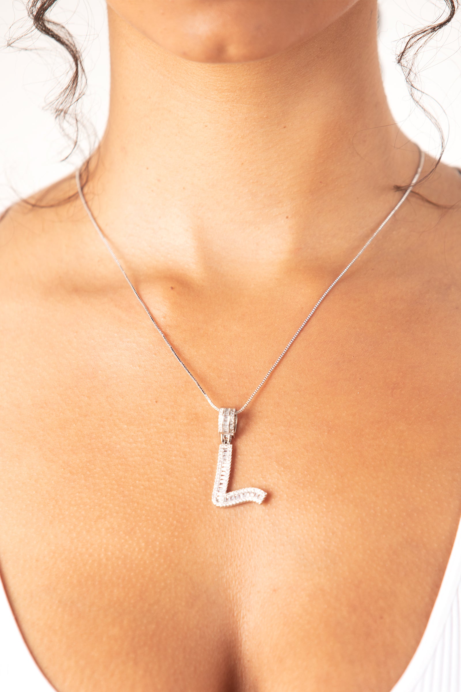 Silver L Diamond Baguette Necklace