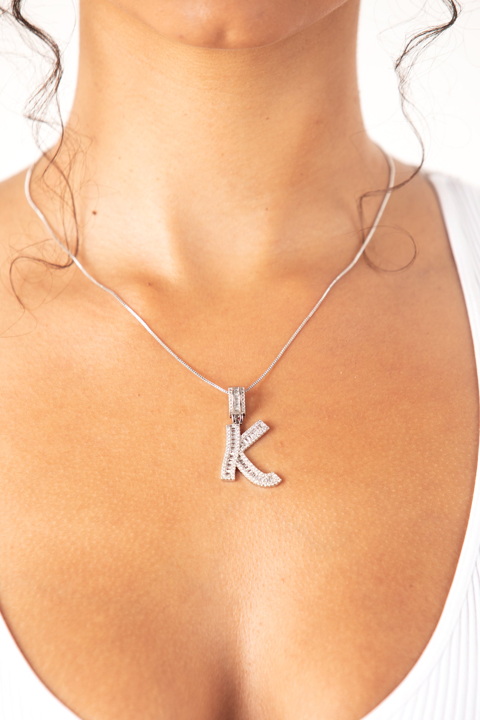 Silver Mini K Diamond Baguette Necklace