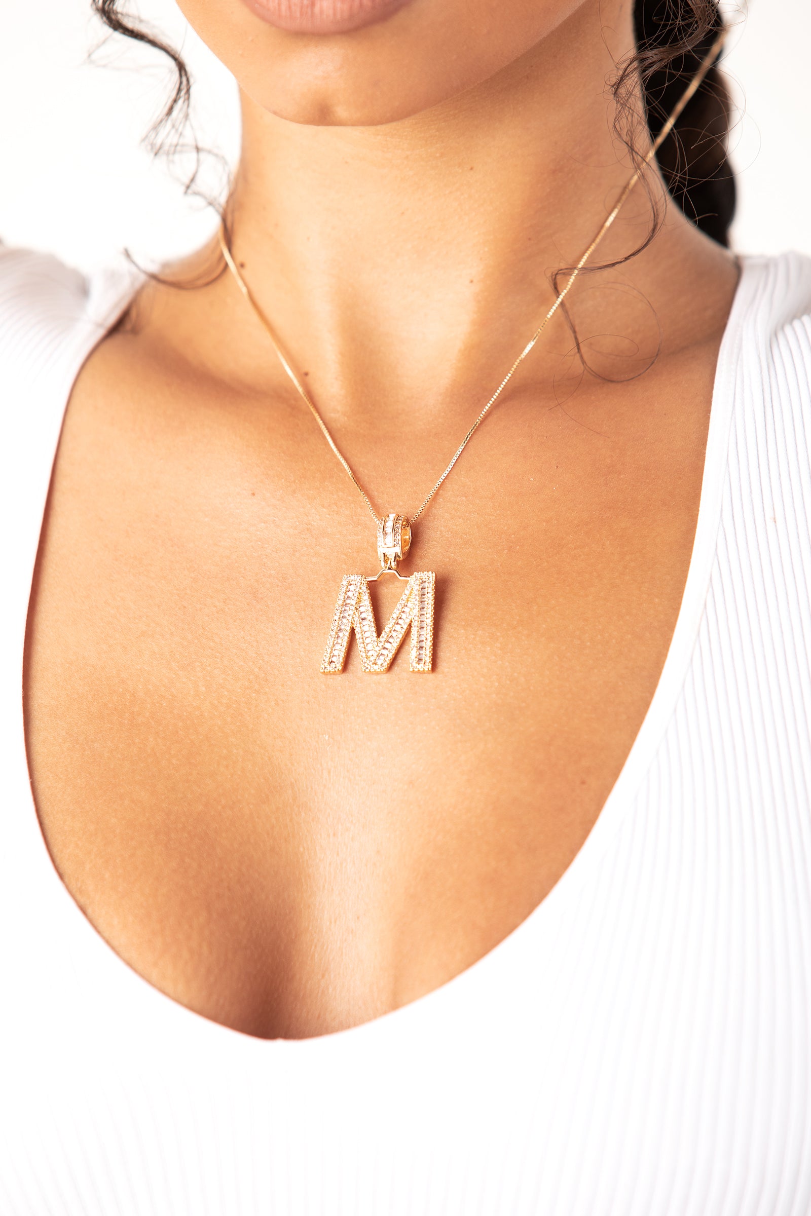 Gold Mini M Diamond Baguette Necklace