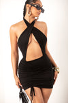 Black Ruched open Back Mini Dress