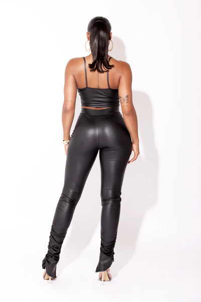 Black PU Ruched Pant Set