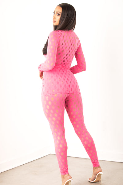 Hollow Out Fishnet Set- Pink