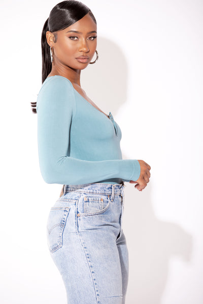 Blue Long Sleeve Round Neck Bodysuit