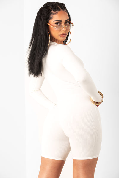 White Long Sleeve Zip Up Unitard