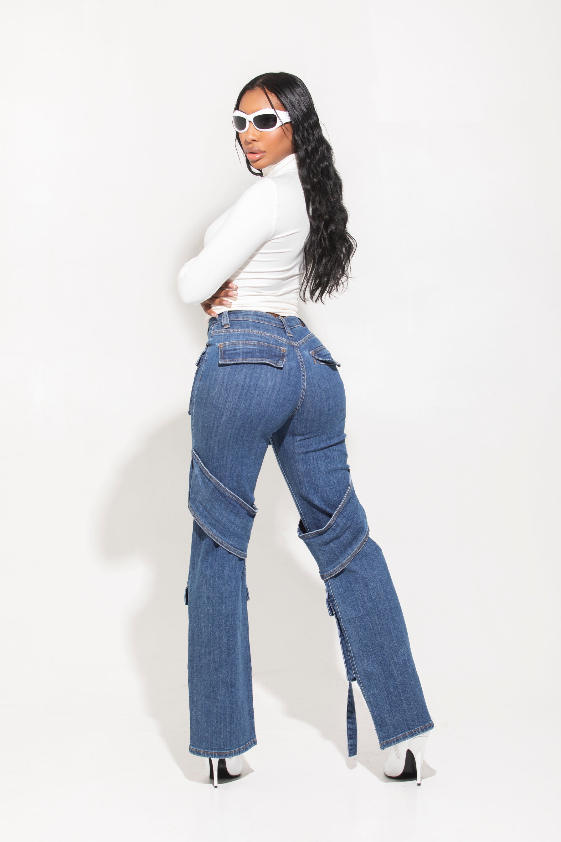 Straight cargo jeans with numerous pockets