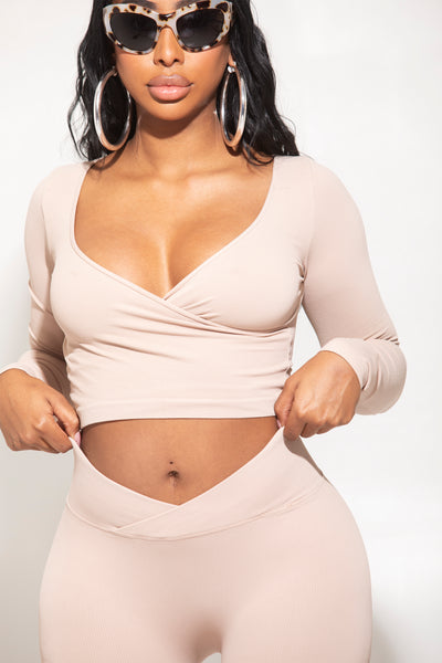 Nude Ribbed Surplice Crop Top