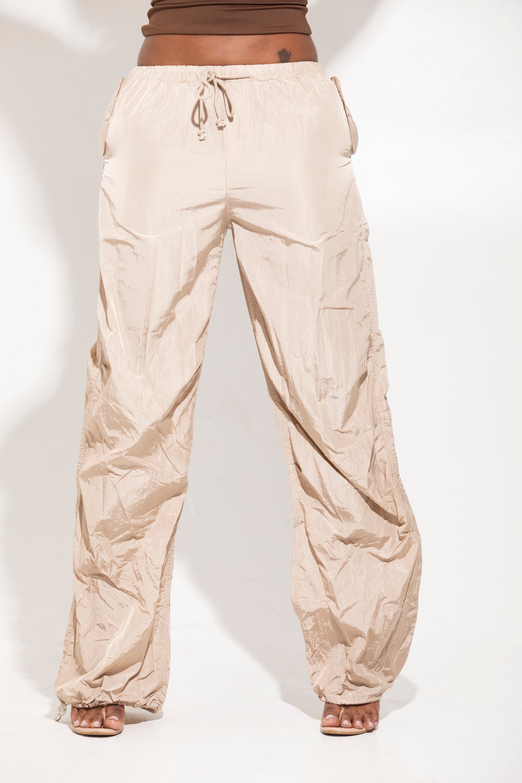 Nude Drawstring Parachute Pants - sosorella