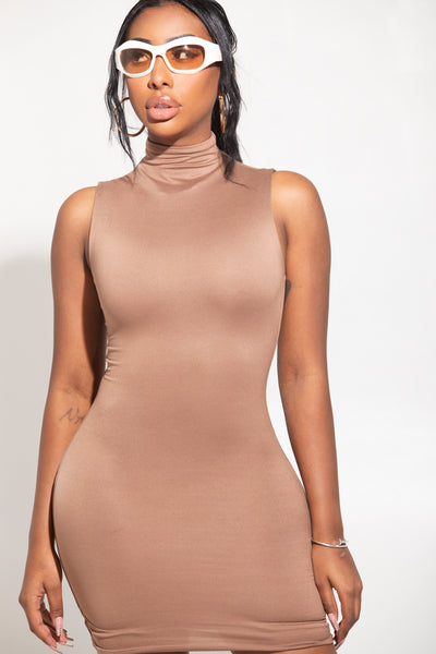 Mocha Sleeveless Mock neck Mini Dress