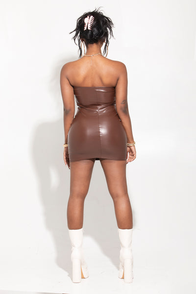 Brown Faux Leather Tube Top Mini Dress