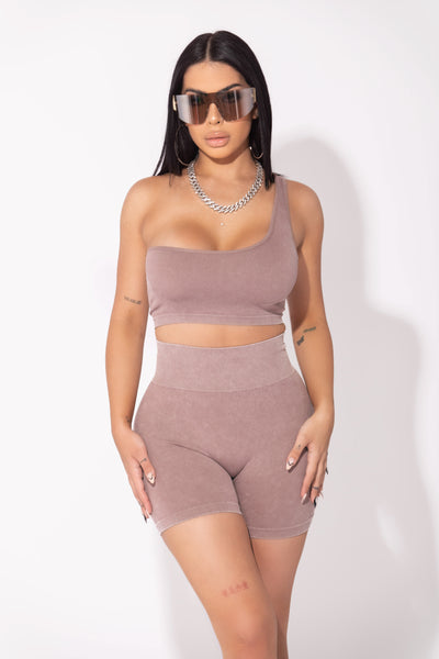 Mocha Washed One Shoulder Crop Top